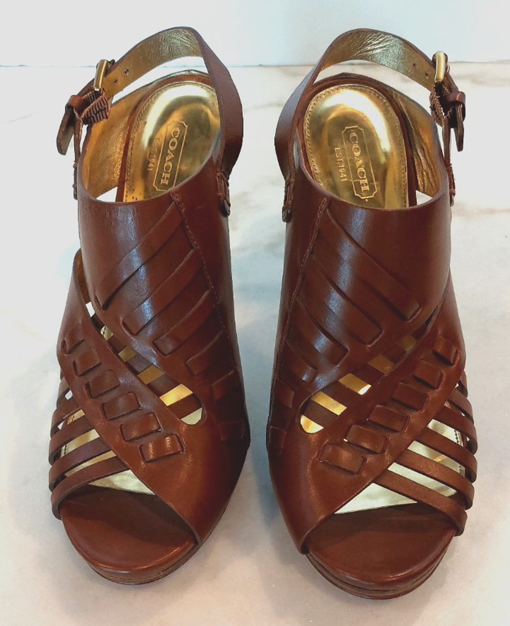 Coach 9.5B Brown Strappy Woven Open Toe Buckle High Heel Shoes EUC